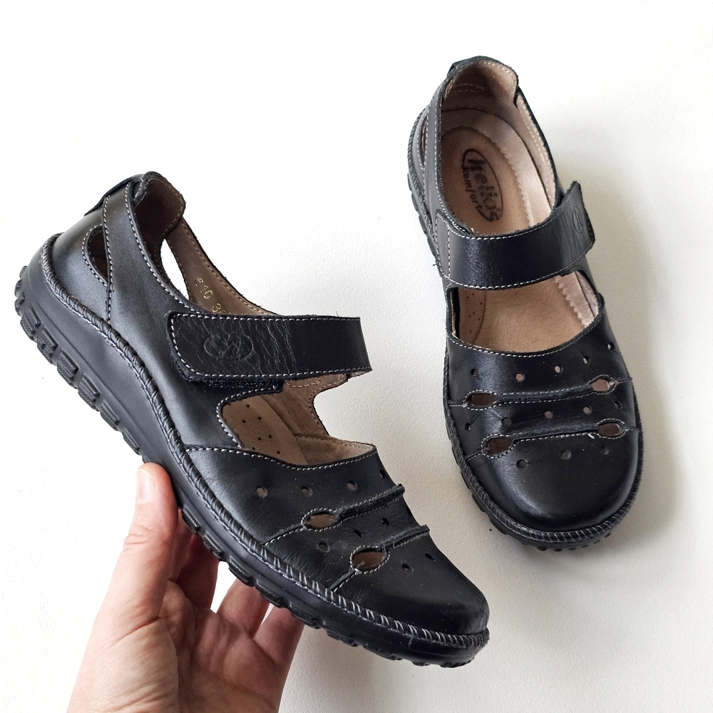 Helios Komfort Black Leather Comfort Mary Jane Shoes EU 38 US 8 Hook Loop